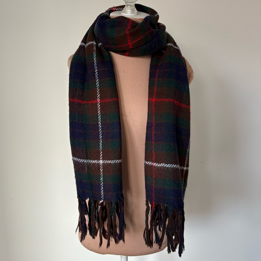 Christian Dior Vintage Acrylic Knit Brown Blue Plaid Fringe Trim Scarf One Size - Picture 1 of 12